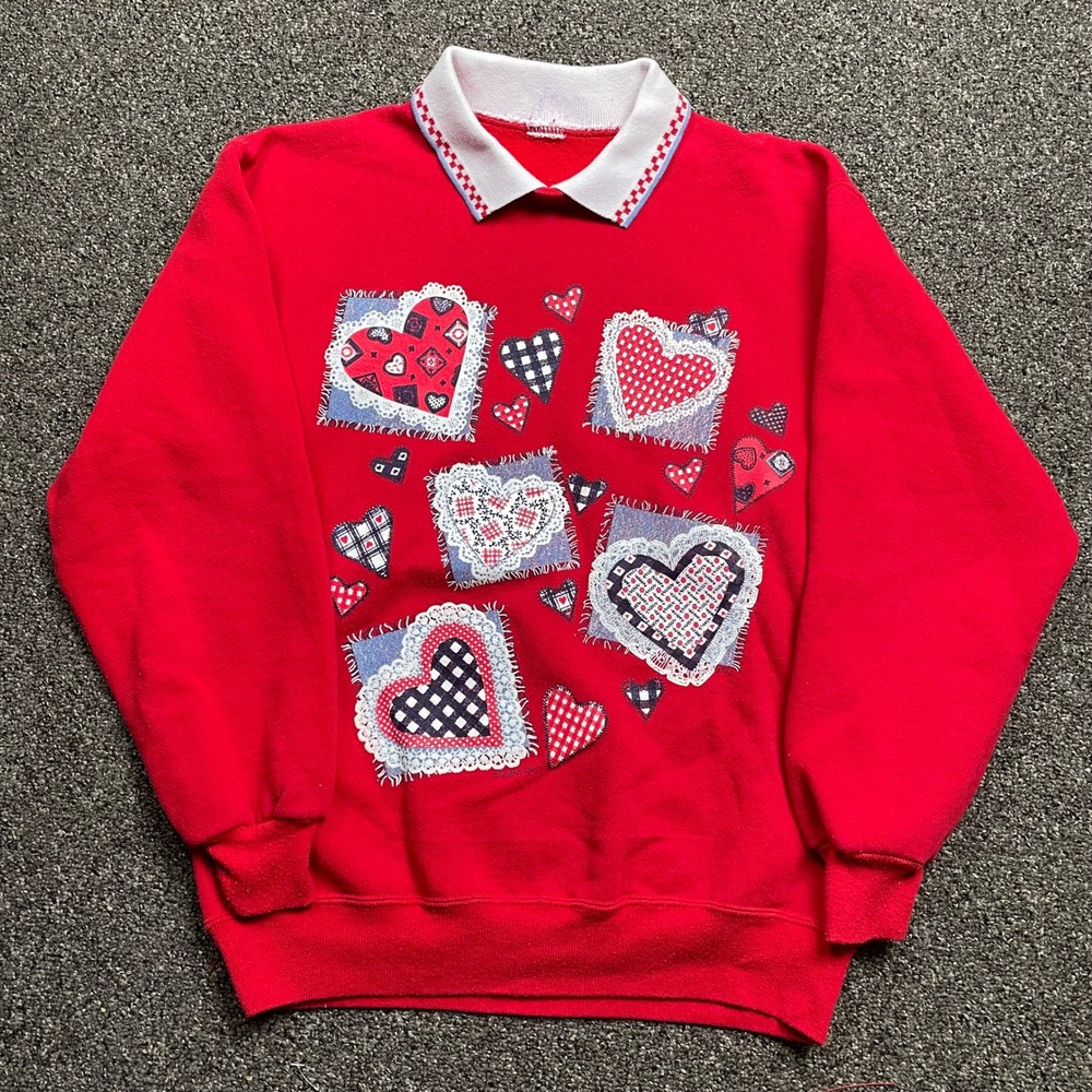 Vintage Red Heart Patchwork Sweatshirt White Polo Collar Valentine Cottage core